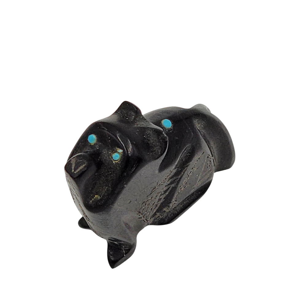 Native American Zuni Black Marble Bear Fetish Carved Stone Signed Turquoise - Picture 13 of 16